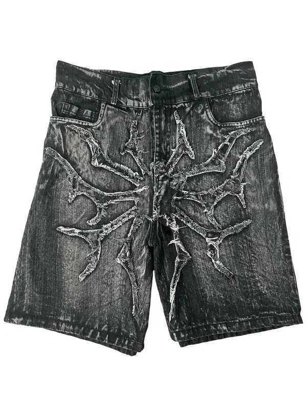 American Retro New Y2K Antique Patchwork Embroidered Irregular Denim Shorts For Men And Women Loose Harajuku Casual Mens ShortsT250305