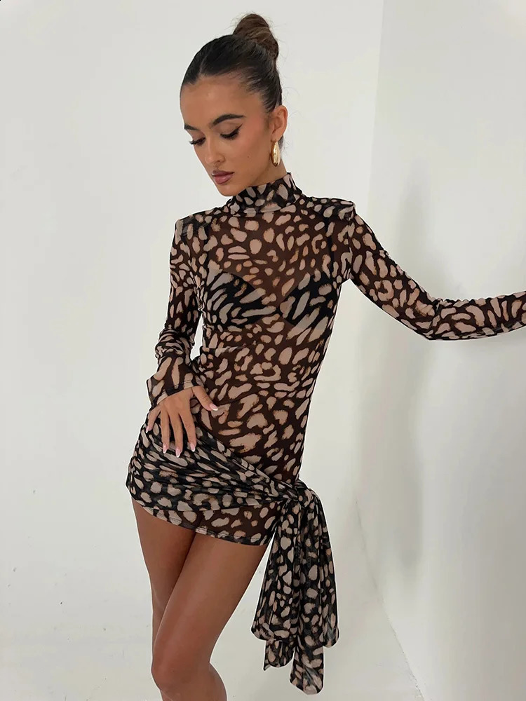 Mozision Mesh Leopard Print Sexy Mini Dress For Women Robe Fashion Turtleneck Draped Ruched High Waist Club Dress Vestido 250303