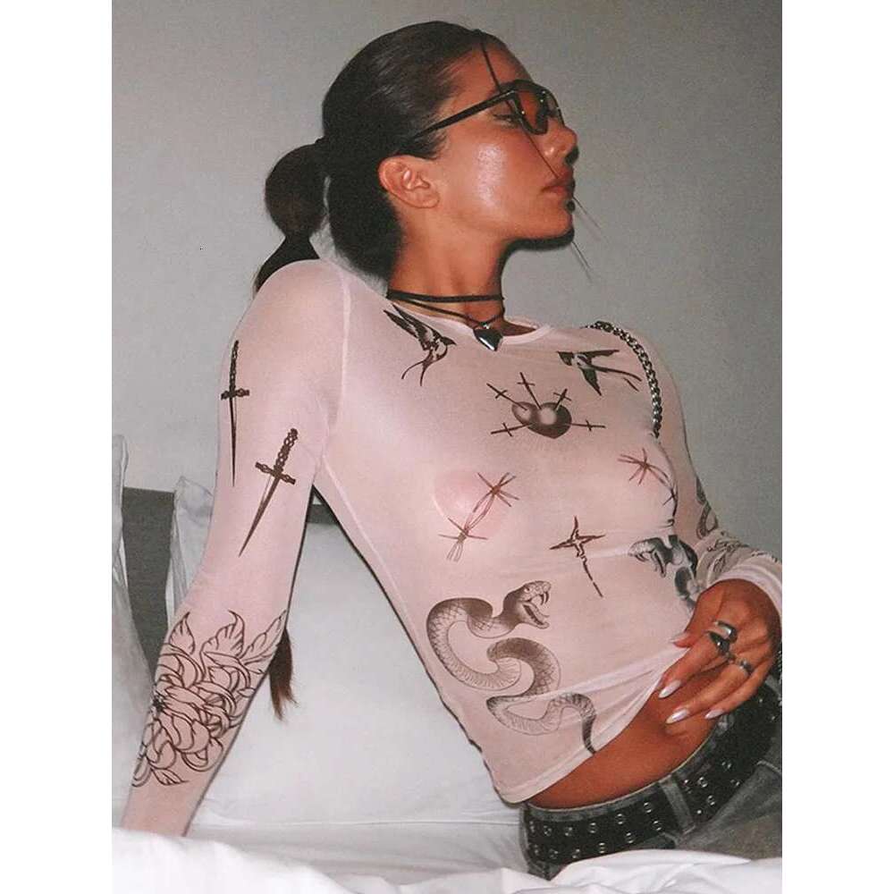 Print Totem Mesh Sexy Club Women Tops O Neck Long Sleeve Streetwear Fashion Sheath Slim See Through T-Shirts Female Tee KLMY