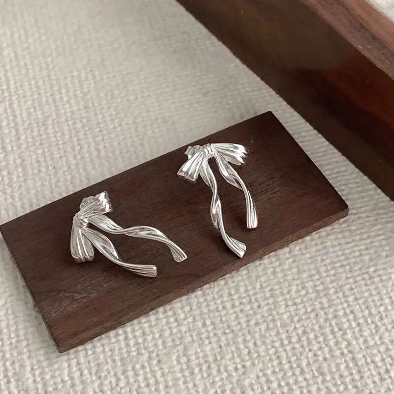 PANJBJ Sterg Sier Bow Knot Earring for Women Texture Tassels Sweet Romantic Korean Jewelry Gift Dropshipping