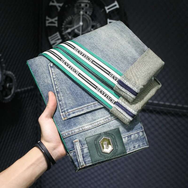 High-End Light Blue Striped Jeans Men's 2024 Spring Street Versatile Slim Fit Skinny Ripped Trousers