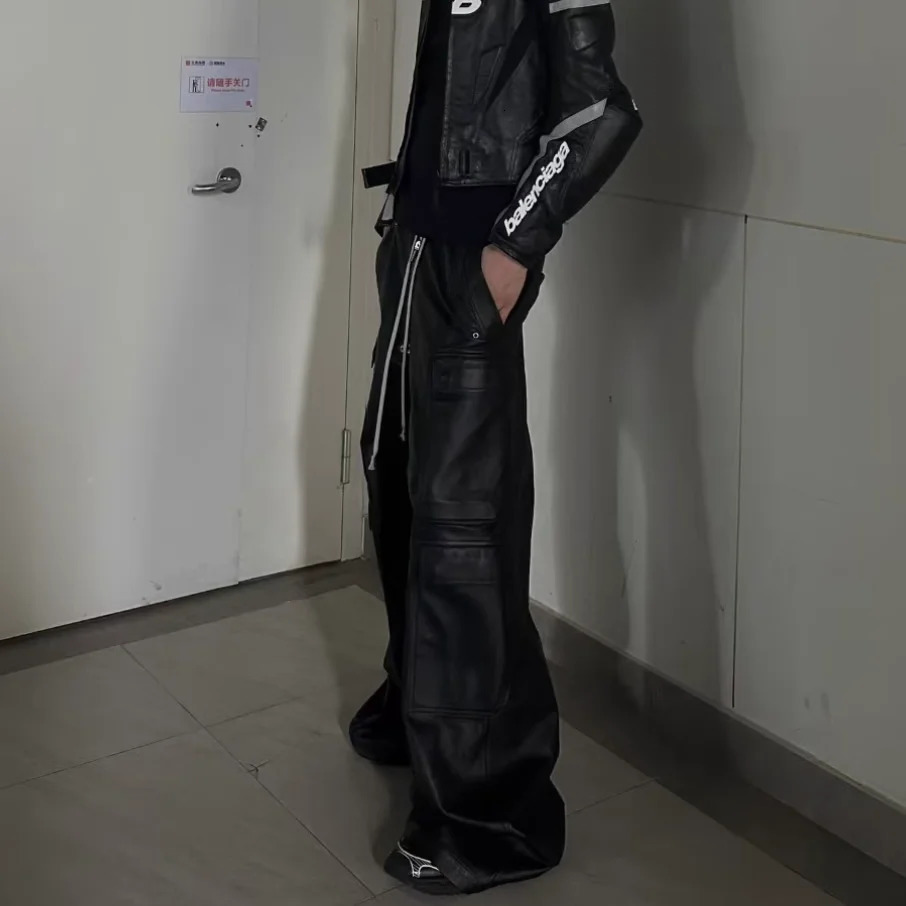 RO Style Matte PU Leather Pants for Men High Street Y2k Hombre Baggy Overall Wide Leg Drawstring Cargo 250304