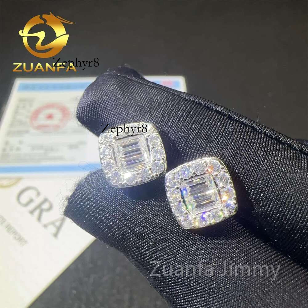 2025 model New Designs 14K Solid Real Gold Iced Out Hip Hop Jewelry Baguette Vvs1 Moissanite Dia Stud Earrings