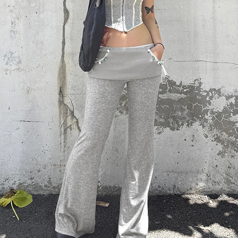 BKLD Harajuku Y2K Sexy false 2Pcs Bow 3D Flower Patchwork Pants For Women Streetwear Casual Chic High Waist Versatile Daily Pants 250304