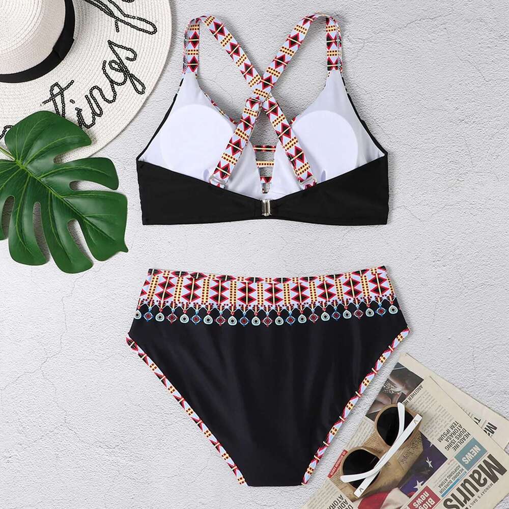 Fashion Summer Sexy Retro Pattern Printed Women's Hanging Neck Bikini Vacation Leisure Swimsuit S-5Xl Km-Ly