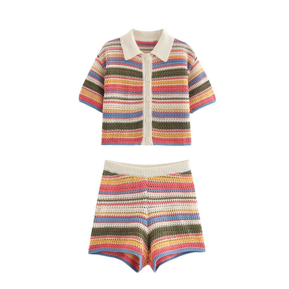 2024 Autumn European And American New Women's Fashion Stripe Printed Short Sleeve Flip Collar Cardigan Casual Shorts Set