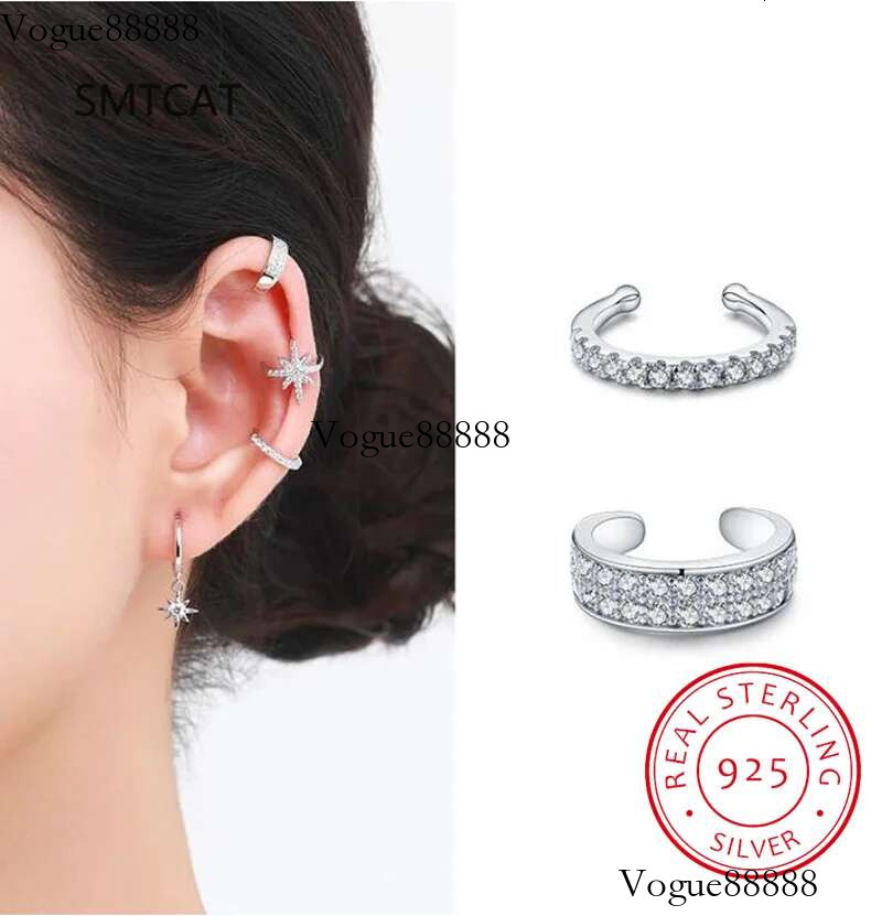 100% Real Sterg Sier Stars Fashion Punk Ear Cuff Clear CZ Sparkg Clip Earrings For Women Grils Fine Jewelry