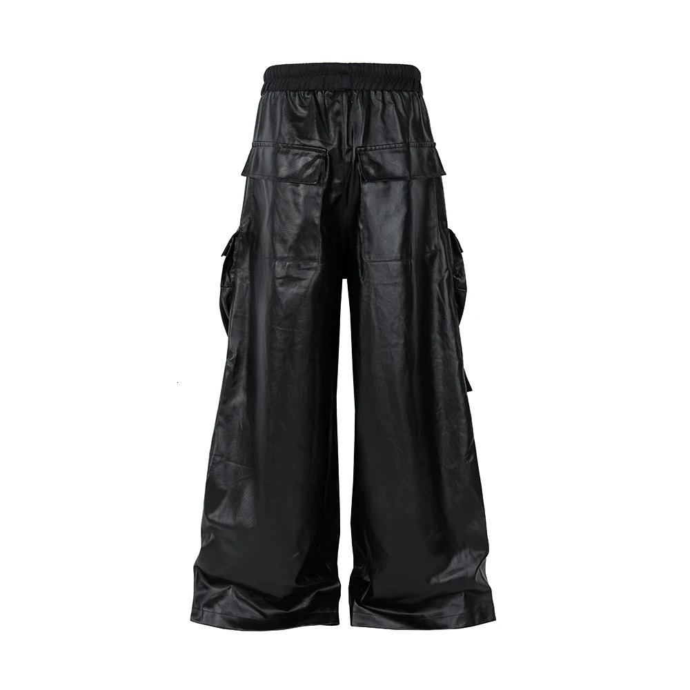 RO Style Matte PU Leather Pants for Men High Street Y2k Hombre Baggy Overall Wide Leg Drawstring Cargo 250304