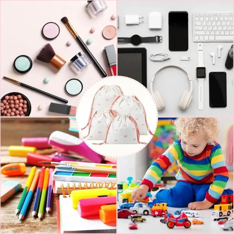 Ship from US Bow drawstring makeup bag cute pink kawaii portable cotton storage foldable wallet dust tote 250305FBB