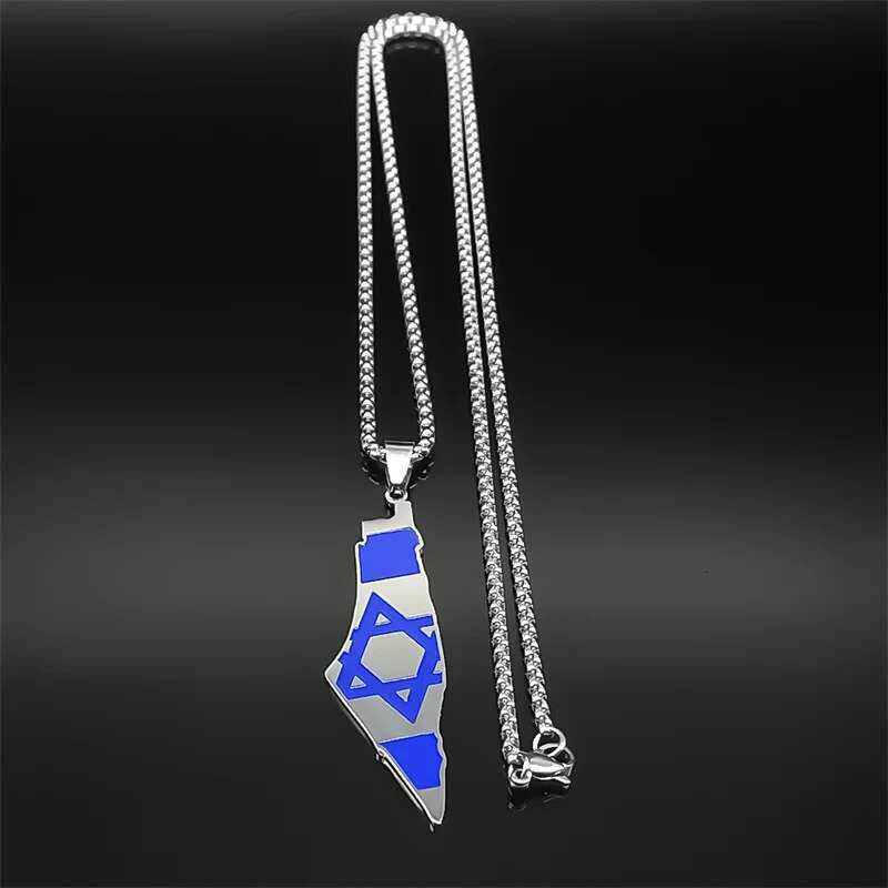Blue Israel Map Pendant Necklace for Women Men Stainless Steel Sier Color Geography Country Je Star Of David Chain Jewelry