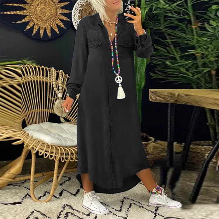 Vintage Womens Elegant Shirt Jeans Dress Large Size Turn Down Collar Solid Full Sleeve Loose Plus Long Dresses 250225