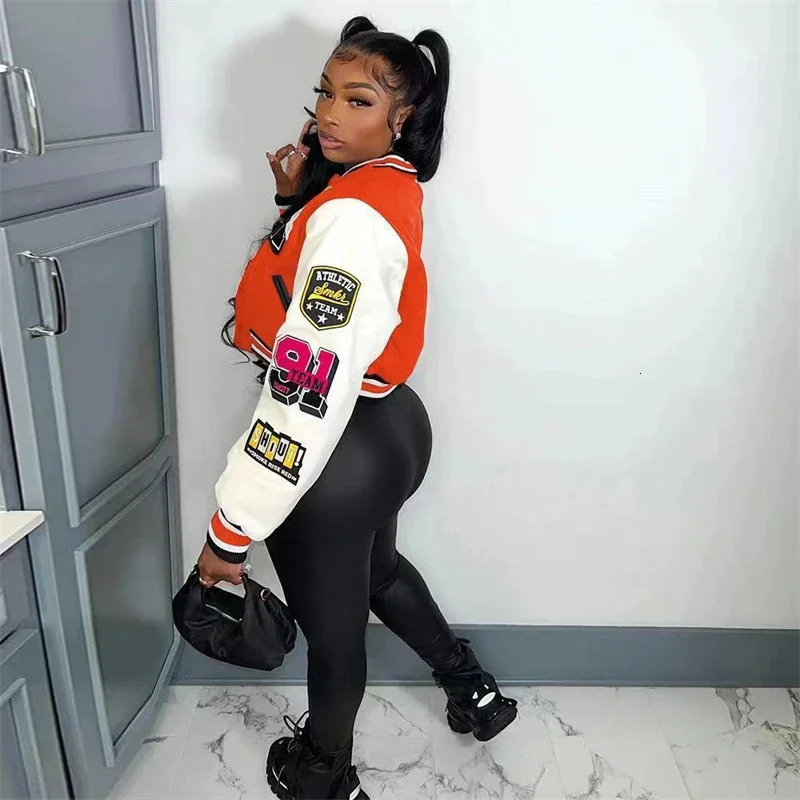 Fashion Print Bomber Jackets for Women Color Patchwork Stand Collar Buttons Long Sleeve Short Baseball Varsity Coats Streetwear 250304