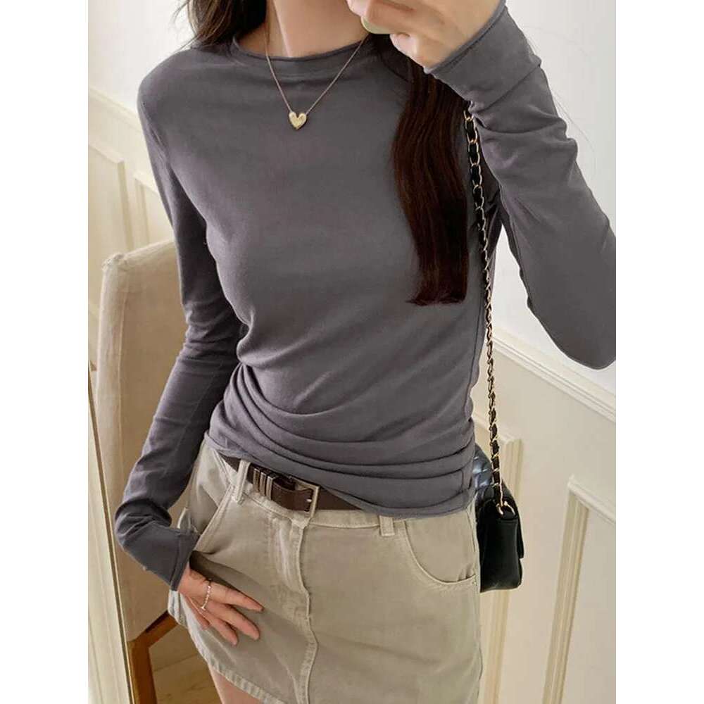Autumn Spring T Shirt Women Tops Solid Slim Fit Long Sleeve O Neck Tshirts Female Casual Streetwear High Quality Base Tees KLMY