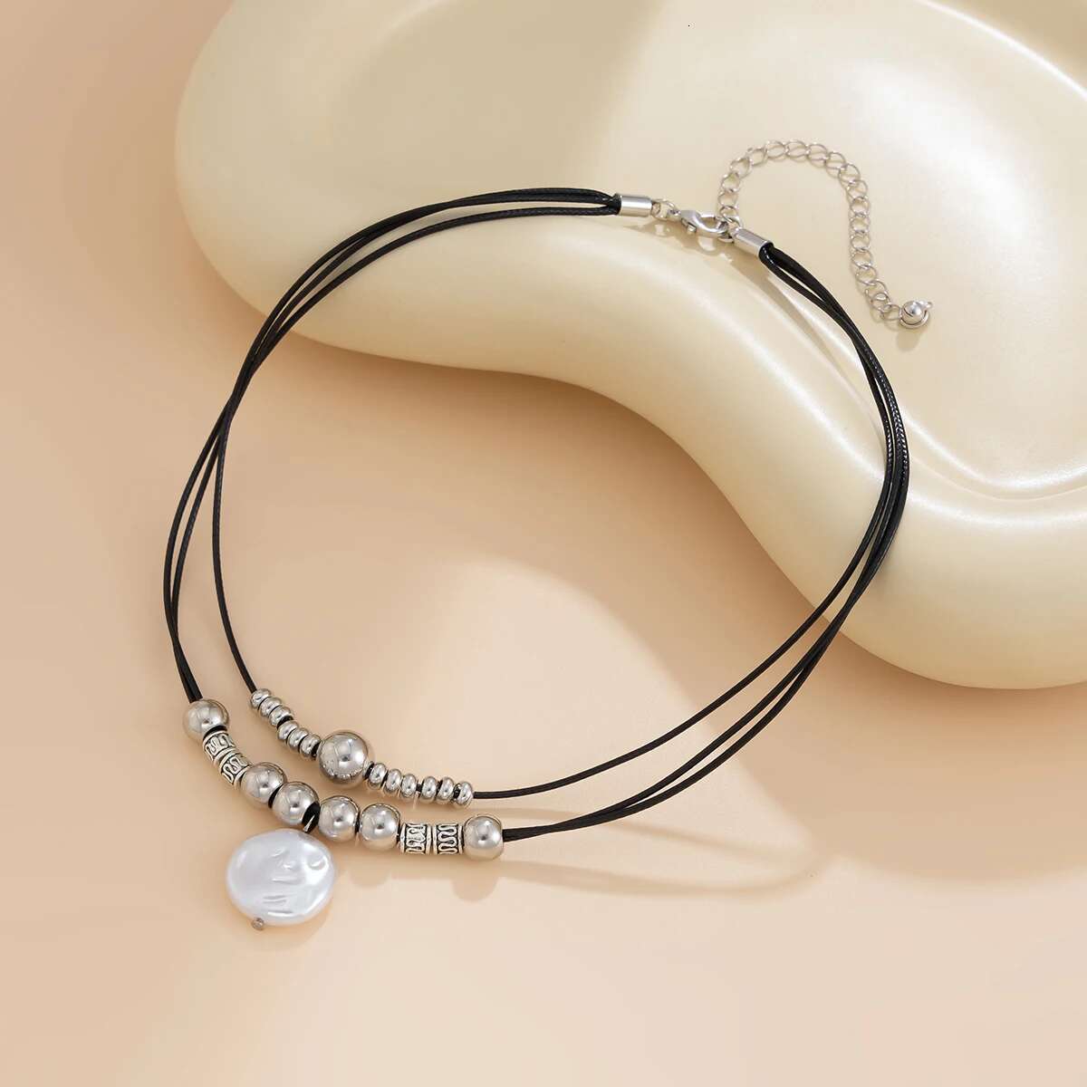 KunJoe Vintage Multilayer Leather Rope Chain Plastic Beads Choker Short Women Simple Imitation Pearl Pendant Necklace