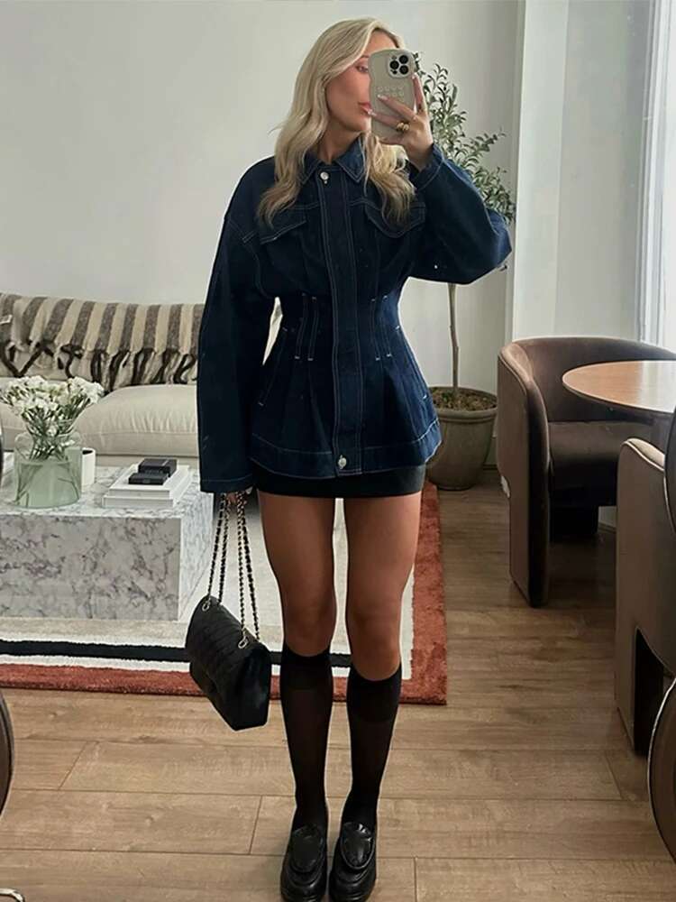 Waist Cinched Denim Top Coat Lapel Commuter Workwear Pocket Mid Length Slimming Jacket 2025 Spring Fashion Street Women Overcoat