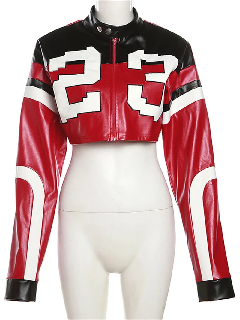 Fall Zipper Jackets For Women Loose Patchwork Crop Tops Jackets Coats Varsity Bomber Long Sleeve Pu Leather Black Jackets 250304