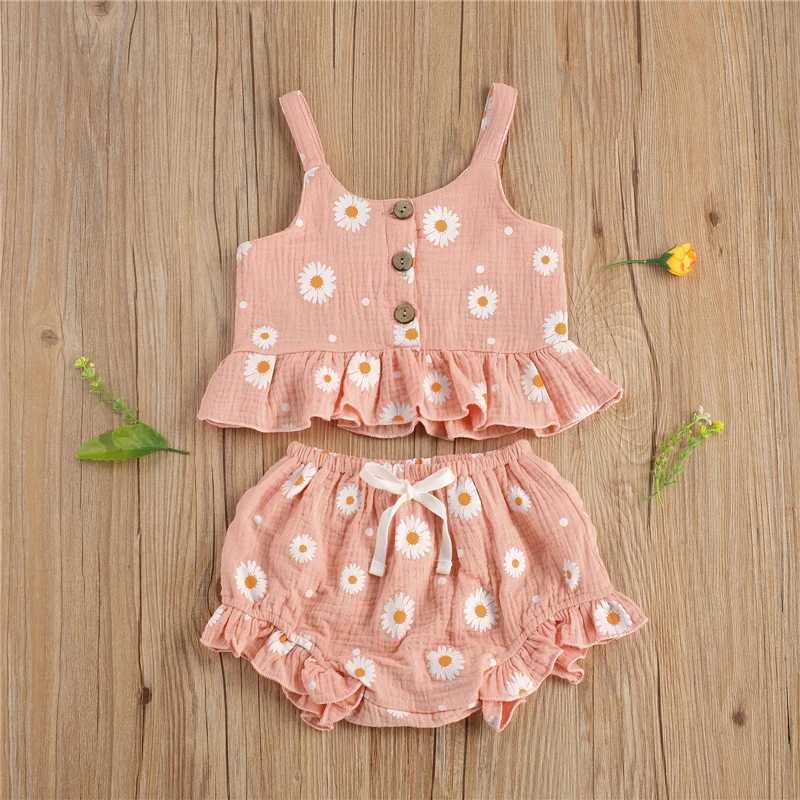 2021 Toddler Baby Girl Daisy Flower Printed Sleeveless Tops+PP Shorts Kids Outfits 2pcs Summer Clothes SetXJ250305