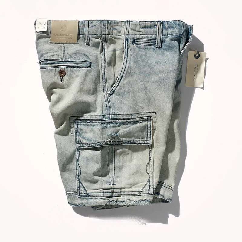 Mcikkny Men's Summer Cargo Denim Multi Pockets Vintage Washed Jeans Shorts For Male Streetwear