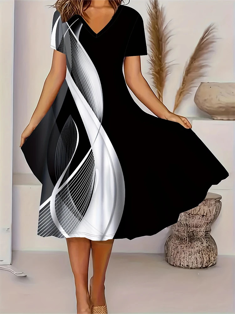 Plus Size 2024 Spring and Summer Womens Loose Casual Vneck Short Sleeve Dress Irregular Pattern Dresses 250225
