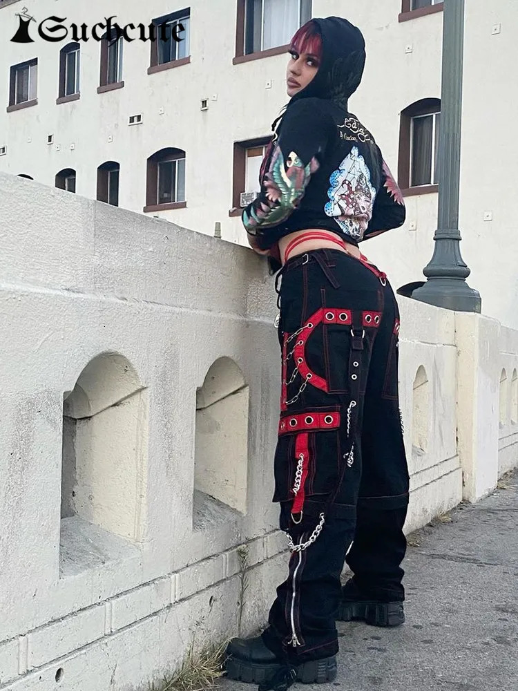 SUCHCUTE Gothic Bandage Chain Womens Pants Hip Hop Fairycore Vintage Trousers Punk Style Egirl Casual Streetwear Baggy Cloths 90s 250304