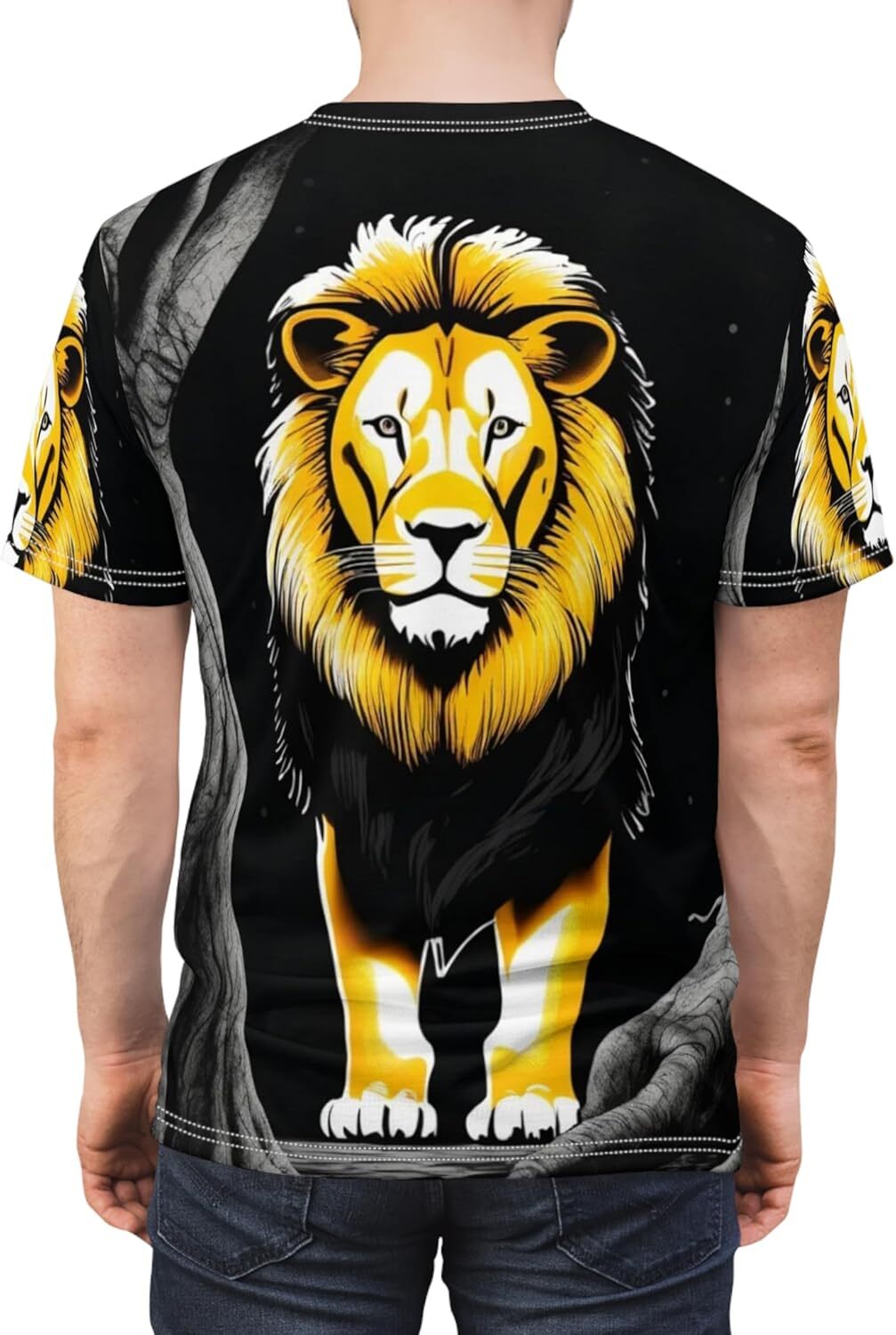 Mens T shirt t-Shirt Lion 3D Shirt All Over Print The Male Lion Stands in The Dark, Behind are Two Large Old Trees tee Casual tops summer clothes