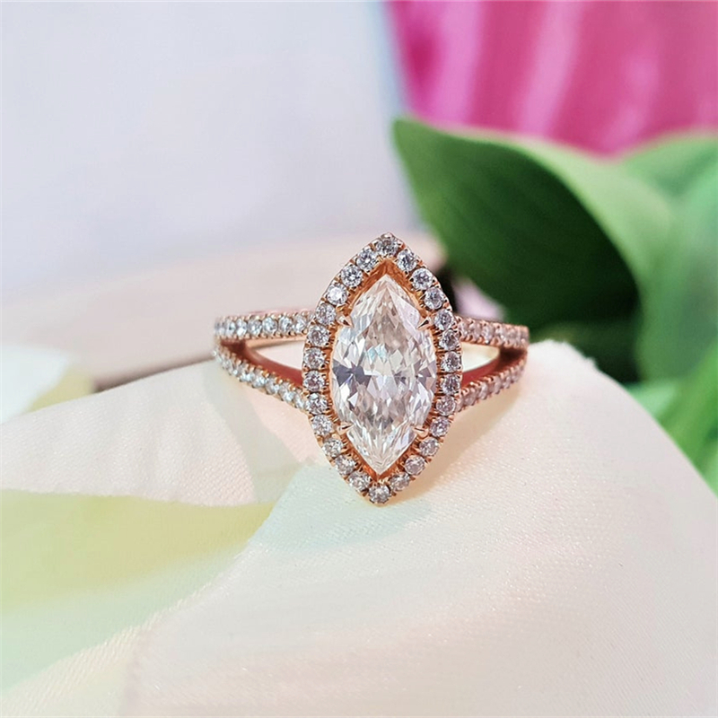 Jewelry 18K Real Gold Engagement Ring For Women 1.0Carat Marquise Halo Split Shank Wedding Gold Ring IGI Certificate Lab Grown Diamond Anniversary Wom