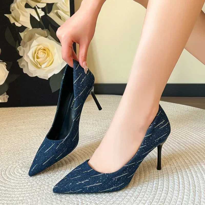 Size Up Shoes Fi Wen Summer High H Wedding Shoes Denim Pointed Stiletto High Heels Work Shoes 8cm High H Y250304