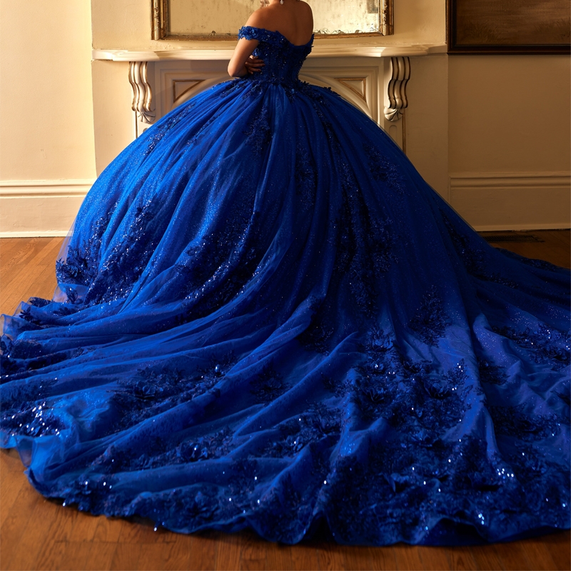 Royal Blue Shiny Quinceanera Dresses Ball Gown Off The Shoulder Applique Lace Beads Corset Tull Party Birthday Sweet 16 Vestidos 15 De Anos