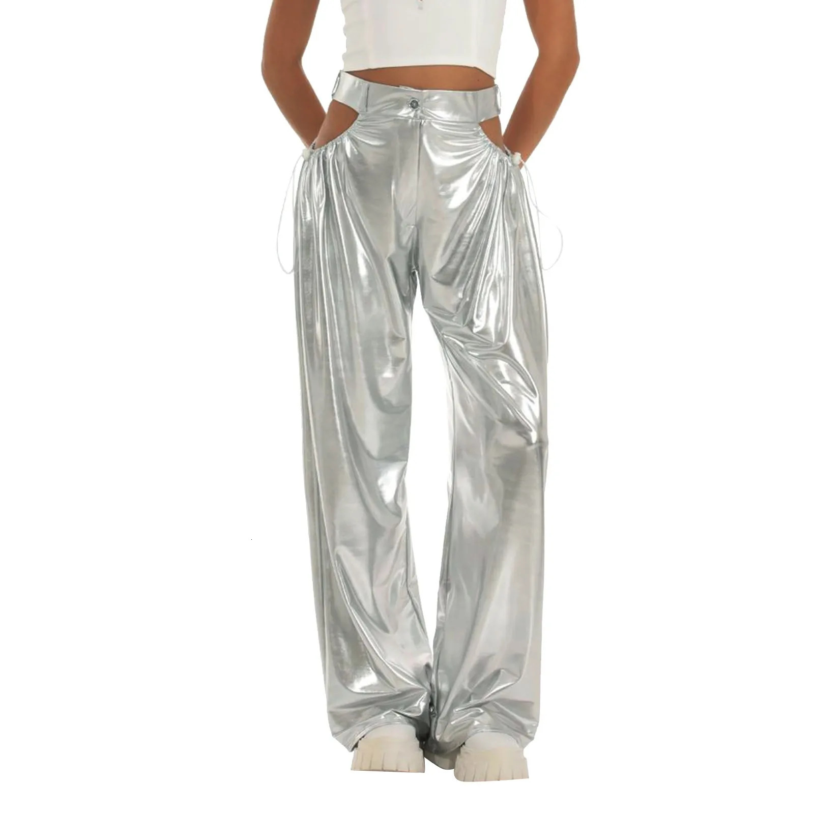 Womens Silver Straight Pants Hollow Out Pockets High Waist Dancewear Pleated Flowy Casual Drawstring Sporty Yoga Clothes 250304