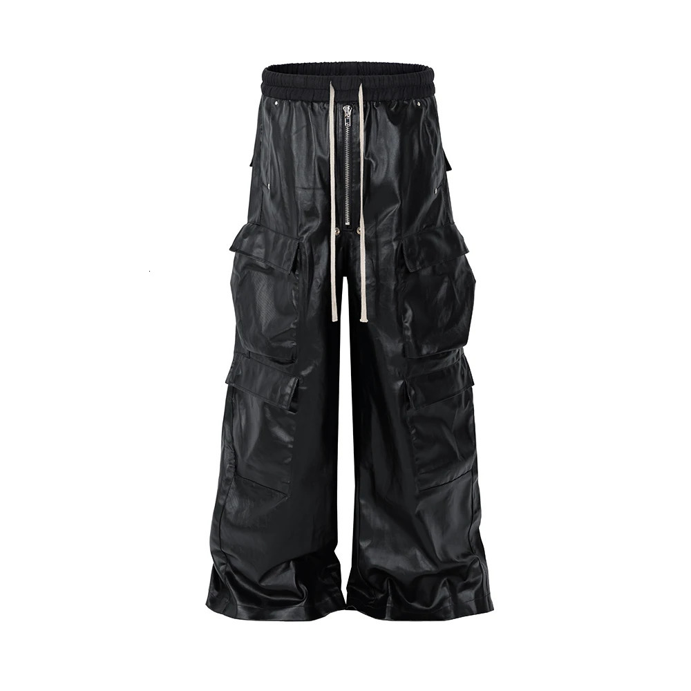 RO Style Matte PU Leather Pants for Men High Street Y2k Hombre Baggy Overall Wide Leg Drawstring Cargo 250304