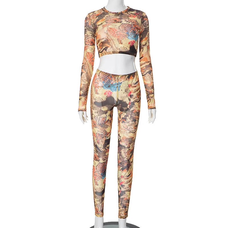 CUTENOVA Sexy Retro Printed Two Piece Set Sheer Mesh Long Sleeve Crop Top Pencil Long Pants Casual Women Outfits Autumn S 250304