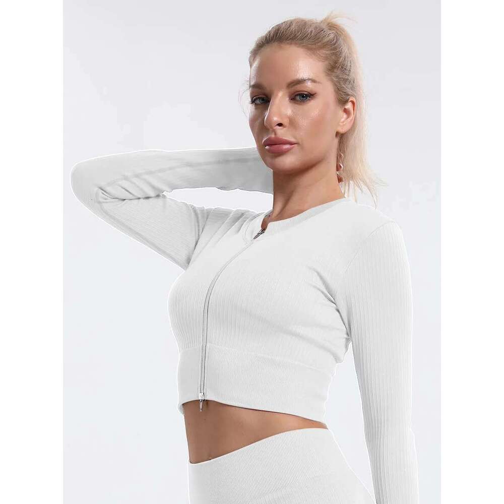 Seamless Ribbed Zipper Women's Sports Shirts & Blouses Long Sleeve Sexy Trend Elastic Gym Yoga Workout Fies Overshirt Crop Top KLMY
