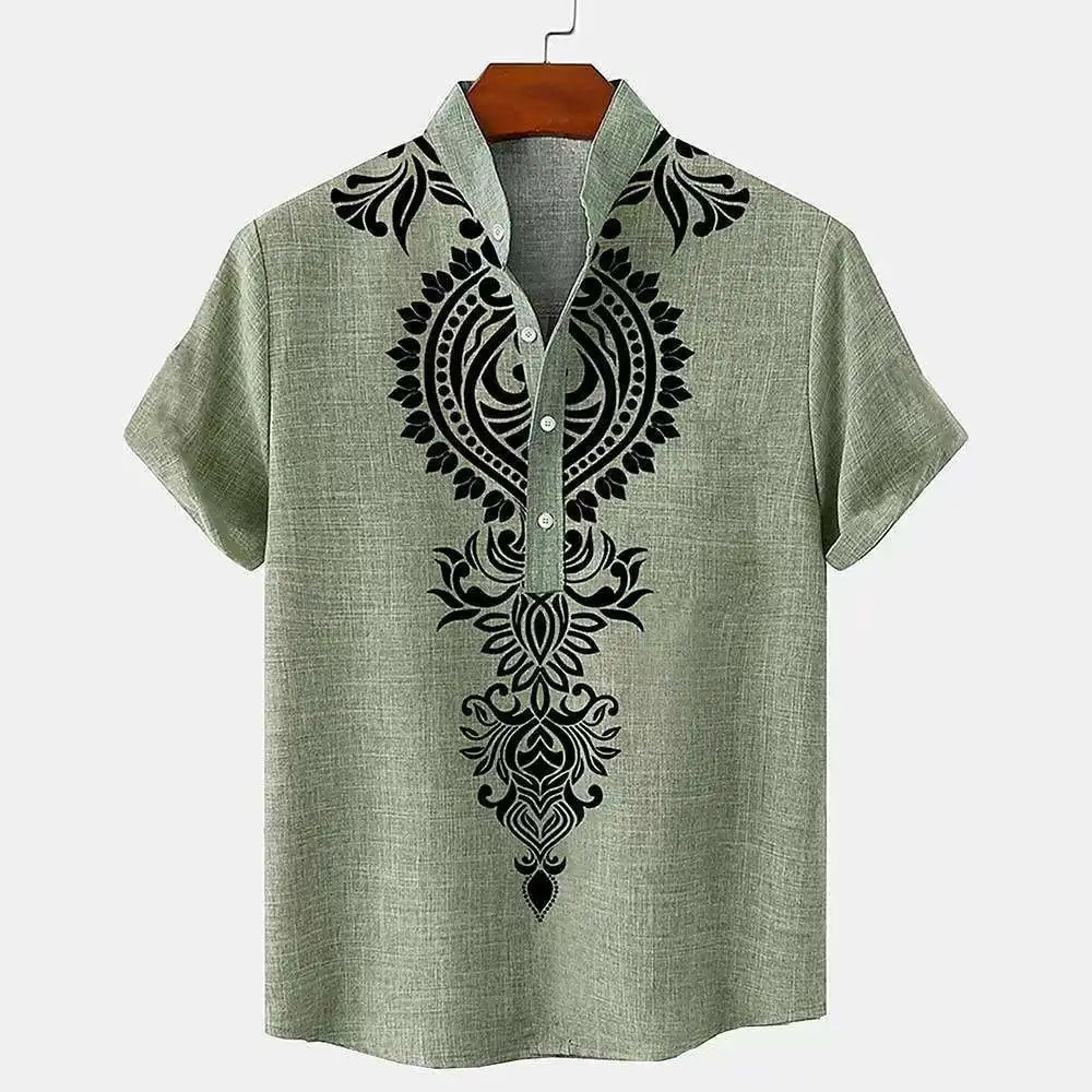 Linen Mens Tribal Totem Short Sleeve Shirt Half Cardigan Button Stand Collar TShirt Top 250227