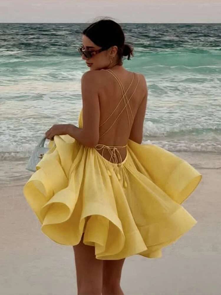 Summer Beach Pleated Women's Maxi Dress Sweet V Neck Sleeveless Lace Up Short Dresses Female Elegant Solid Lady Ball Gown Party