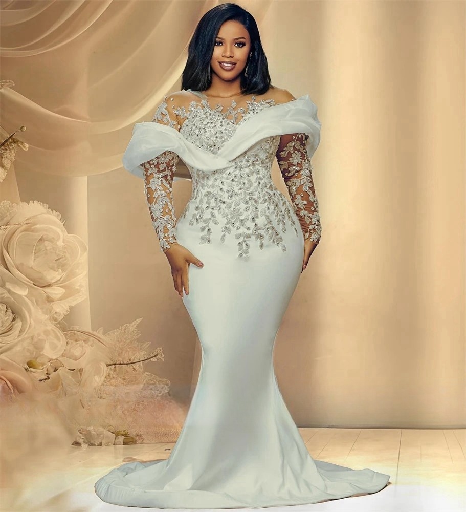 Elegant Crystals Beaded Mermaid Wedding Dresses Long Sleeves Lace Appliques Ivory White Satin Bridal Gown 2025
