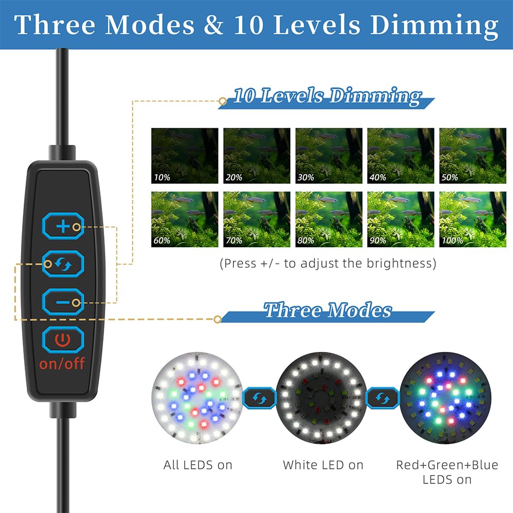 7W LED Aquarium Light for 1 to 5 Gallon Fish Tanks Clip On Light USB Aquarium Lamp with Full Spectrum Dimmable with Timer