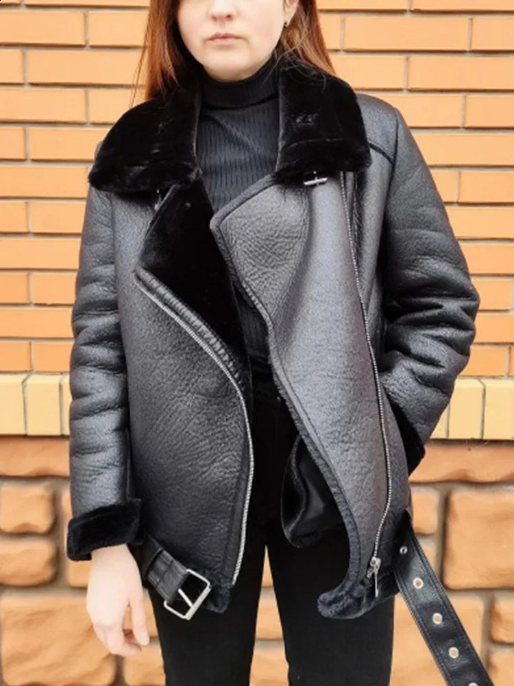 Spring and winter Coats thick synthetic leather fur sheepskin womens jacket pilot coat Casaco Feminino 250305