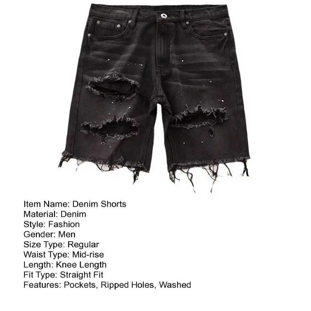 Men Summer Distressed Denim Shorts Button Zipper Fly Multi Pockets Short Jeans Straight Fit Ripped Holes Knee Length DistressedT250306