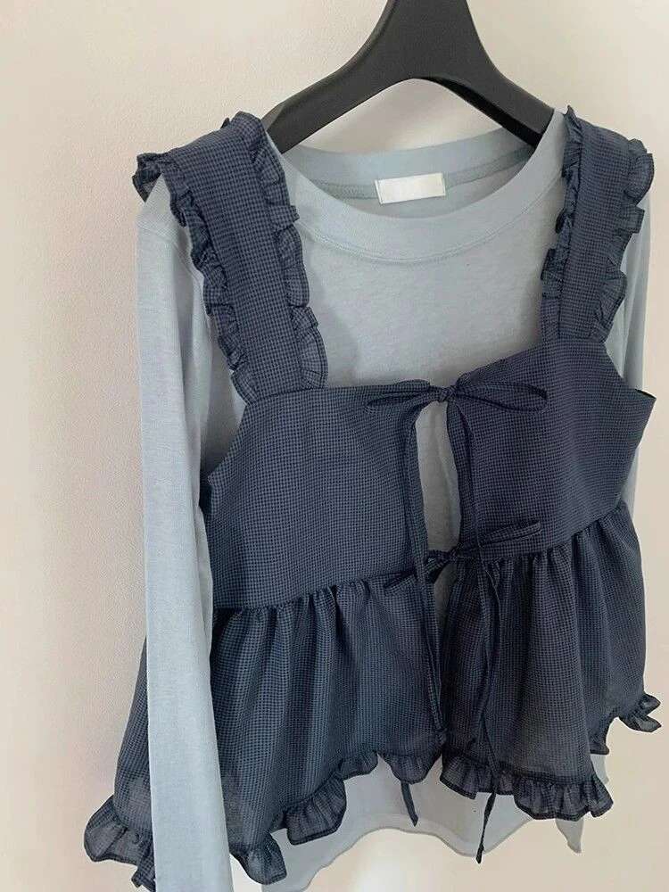 Fashion Chic T Shirts Long Sleeve Solid Color Tops Tees Plaid Ruffles Lace Up Vest Two Piece Set Y2k Haruku Vintage Clothing