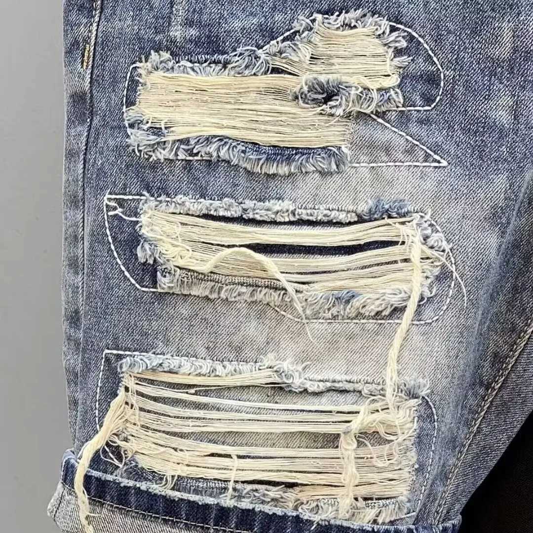 Summer Mens Brand Side Denim Shorts Scraped Torn 5 Points Men Loose Elastic Waist Jeans PantsT250305