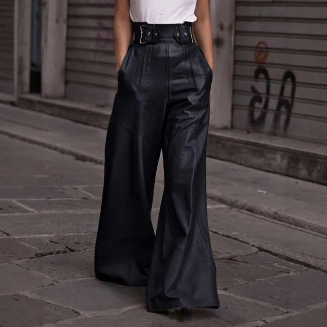 Casual Loose Leather Pant High Waist Wide Legs Solid Pocket Flare Female 2025 Autumn Fashion Belt Streetwears Lady 250304