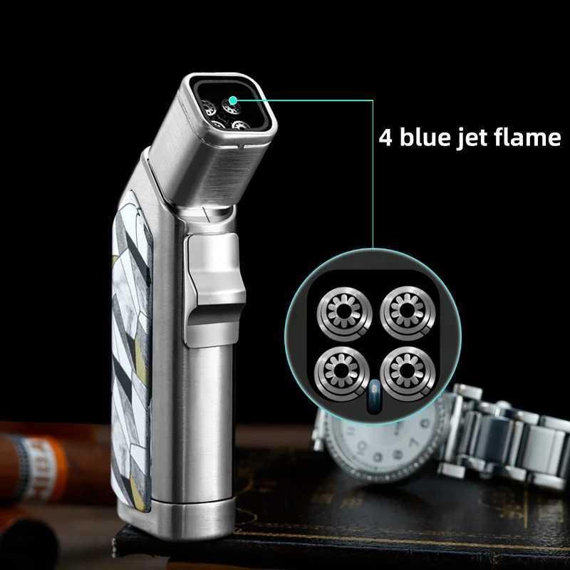 JOBON Lighter Metal Body Gunmetal 4 Flame Windproof Lighter with Cigar Punch Tool Butane Torch Lighter Smoking Accessories GiftT250305