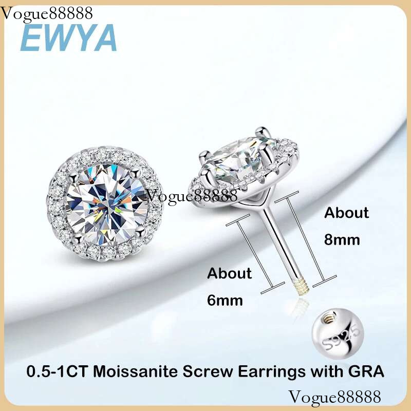 EWYA Trendy 0.5-1ct D Color Round Moissanite Screw Earring For Women Wedding Fine Jewelry S Sterg Sier Dia Earrings