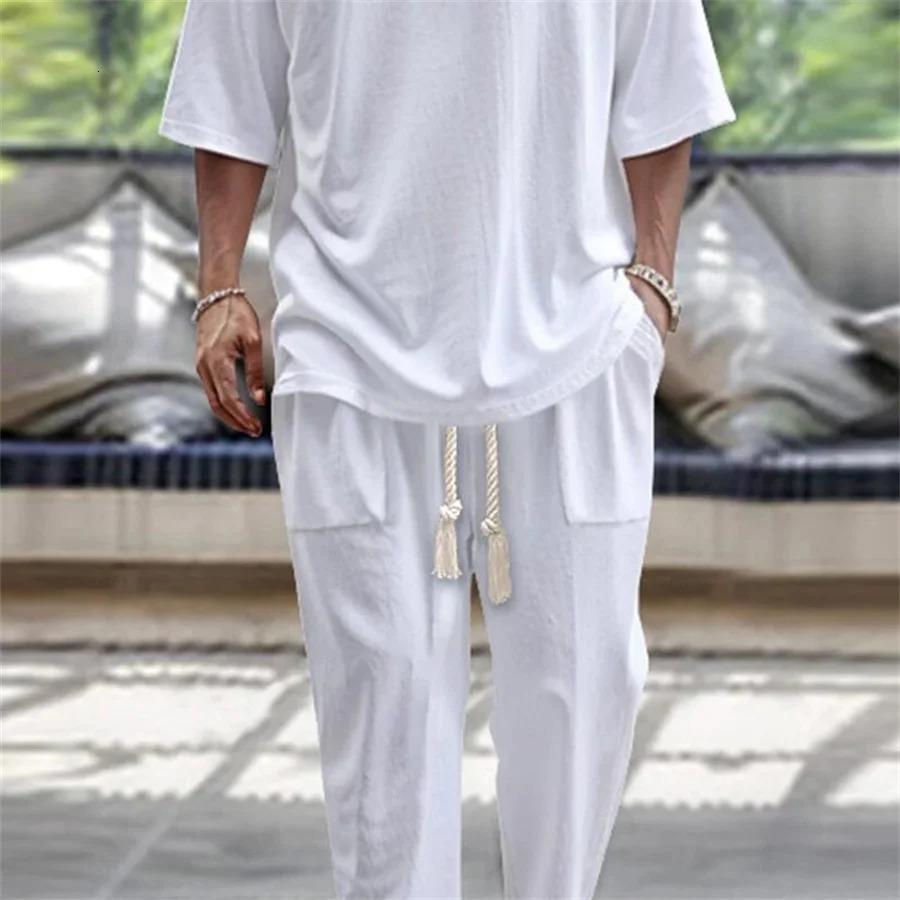 Mens twopiece casual solid loose summer half sleeved Vneck Tshirt and pants mens sportswear 250224