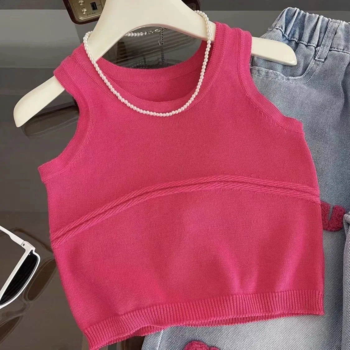 Girls Summer Set Knitted Suspender Vest Jeans Two-piece Set For Childrens Summer Girl Clothes Clothing Set Kids Clothes 250305