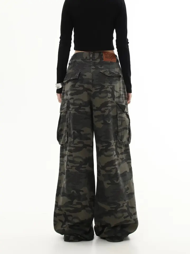 Camouflage Cargo Pants Women Y2K Streetwear Low Rise Jeans Retro Wide Leg Trousers Denim Straight Trousers Harajuku 250304