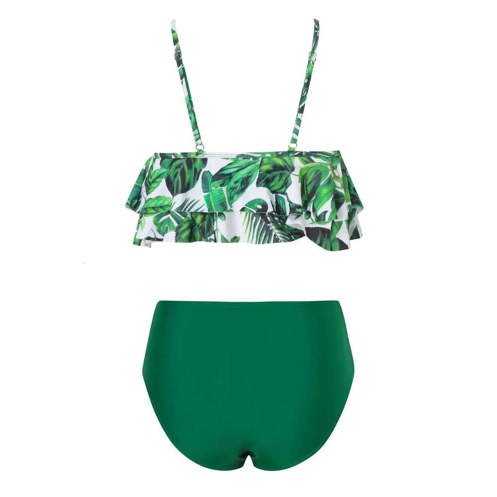 Waist High Double Shoulder Strap Swimsuit Ruffle Print Two Piece Bathing Suit Sexy Women Bikini Set Km-Ly
