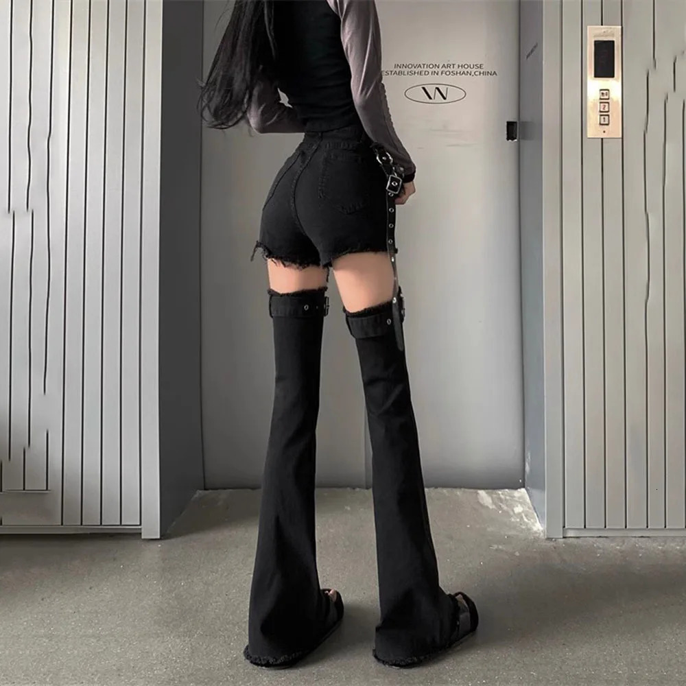 Black lace shorts for womens fashion gothic punk denim long pocket jeans with warm legs star diamond glitter pants 250304