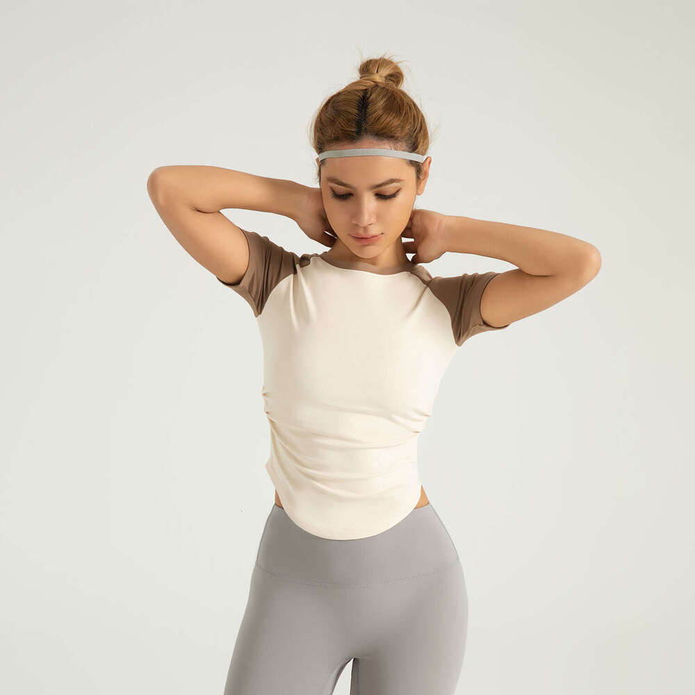 Special Area Contrasting Pleated Suit For Women With Waist Reduction And Slimming Effect, Yoga Exercise Outdoor Fitness Top KLMY