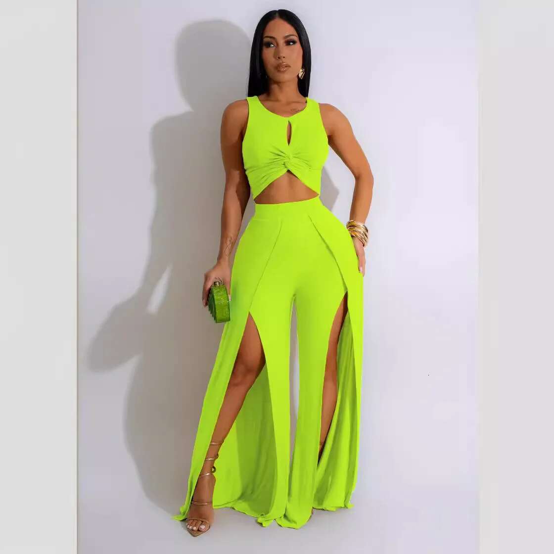 Summer Fashion Street Sexy Solid Sleeveless Top Split Wide Leg Pants Two Piece Set Women